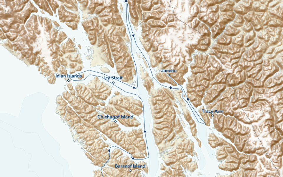 Route map of main, eastbound Wild Alaska Escape: Sitka & Juneau small ship cruise, with visits to Haines, Tracy Arm & more.