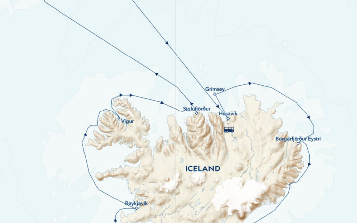 Route map of Wild Arctic Shores: Iceland & Greenland cruise, round-trip from Reykjavik with a circumnavigation & 2 days along East Greenland.
