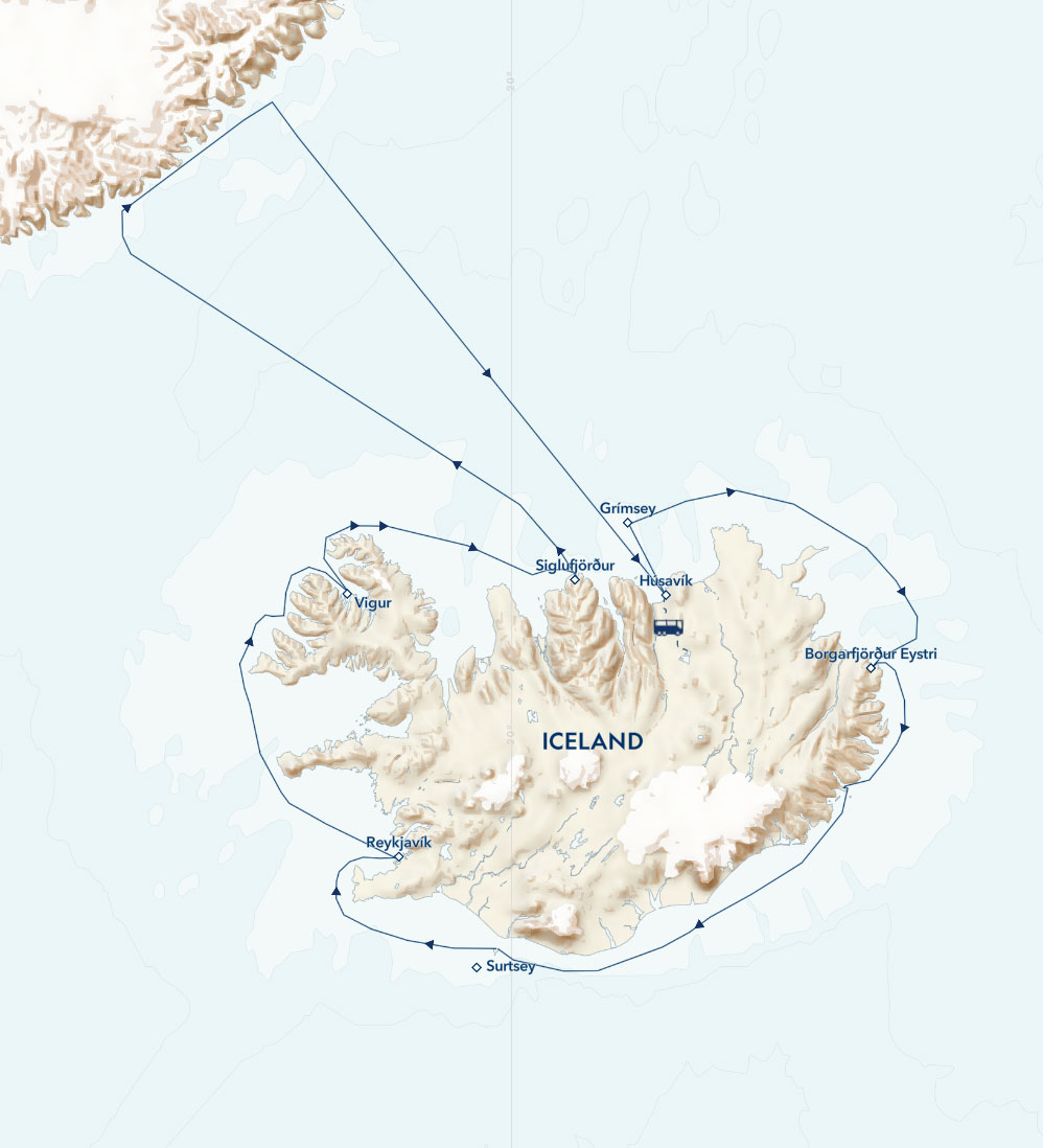 Route map of Wild Arctic Shores: Iceland & Greenland cruise, round-trip from Reykjavik with a circumnavigation & 2 days along East Greenland.