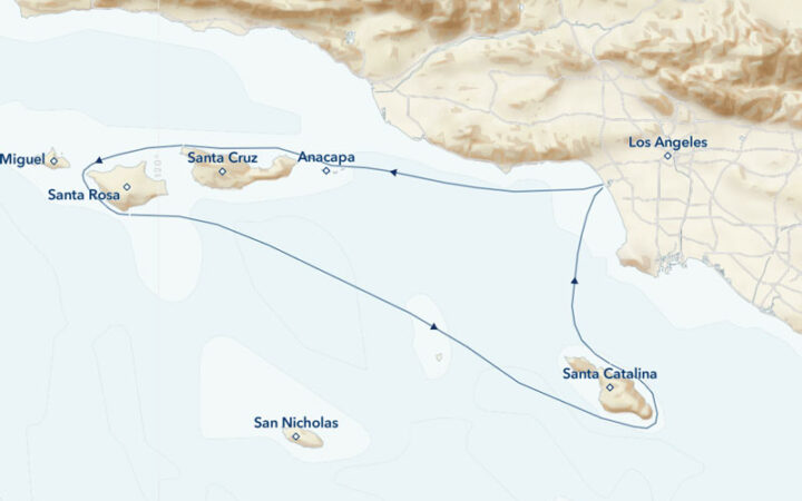 Route map of Wild California Escape: Channel Islands National Park cruise round-trip & counterclockwise from Los Angeles.