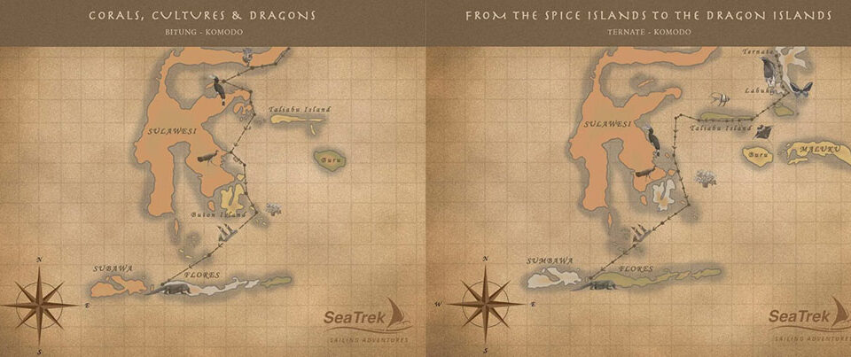 Side by side sepia maps showing southbound cruise route from Bitung and Ternate to Komodo