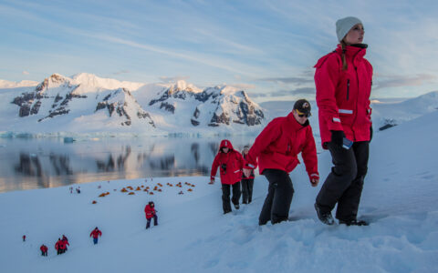 Group of hikers in red jackets walks up snowy hill, away from colorful tents, at dusk on Spirit of Shackleton Aboard Expedition cruise.