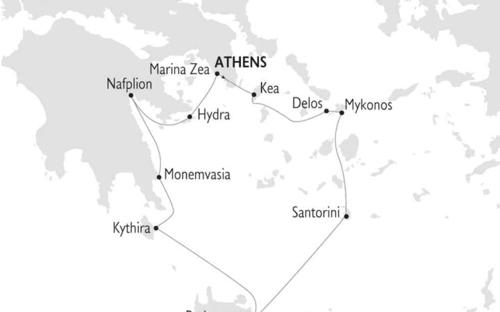 Classical Greece route map from Athens, Greece.