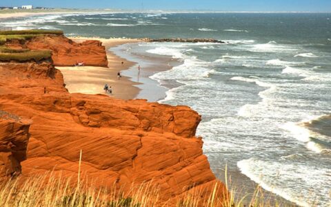 Sandstone cliffs overlooking beach and Labrador sea