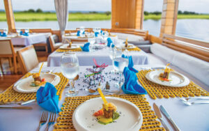 Plated meal on white plate with blue napkin & large windows to look out at the river, in dining room of Amazon ship Delfin II.