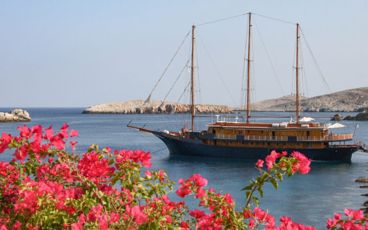 Galileo motorsailer with dark blue hull, teak sun deck & 3 masts sits at anchor in a cove flanked by bright pink flowers.