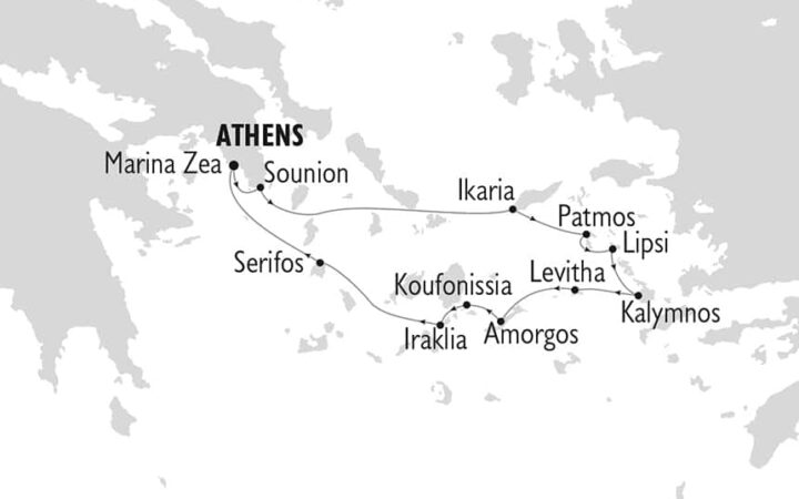 Map showing the stops of the Unexplored Greek Islands Cruise roundtrip from Athens.