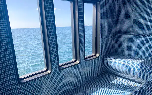 The blue-tiled hammam with three windows aboard Hermes catamaran