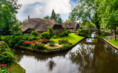 Glassy canal flows beside bright green grass, gardens of red flowers & shake-wood roofs on a sunny day of a Holland river cruise.