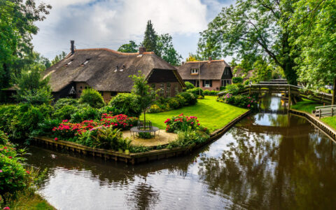 Glassy canal flows beside bright green grass, gardens of red flowers & shake-wood roofs on a sunny day of a Holland river cruise.