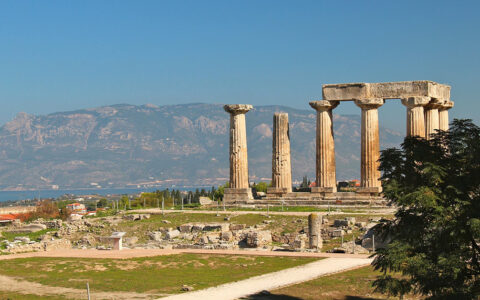 The Temple of Aphaia ruins with 7 columns seen in Corinth Greece on a sunny day