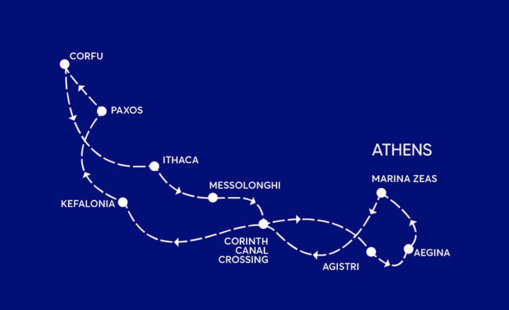A map in blue and white colors showing the cruise route of the Ionian Odyssey cruise
