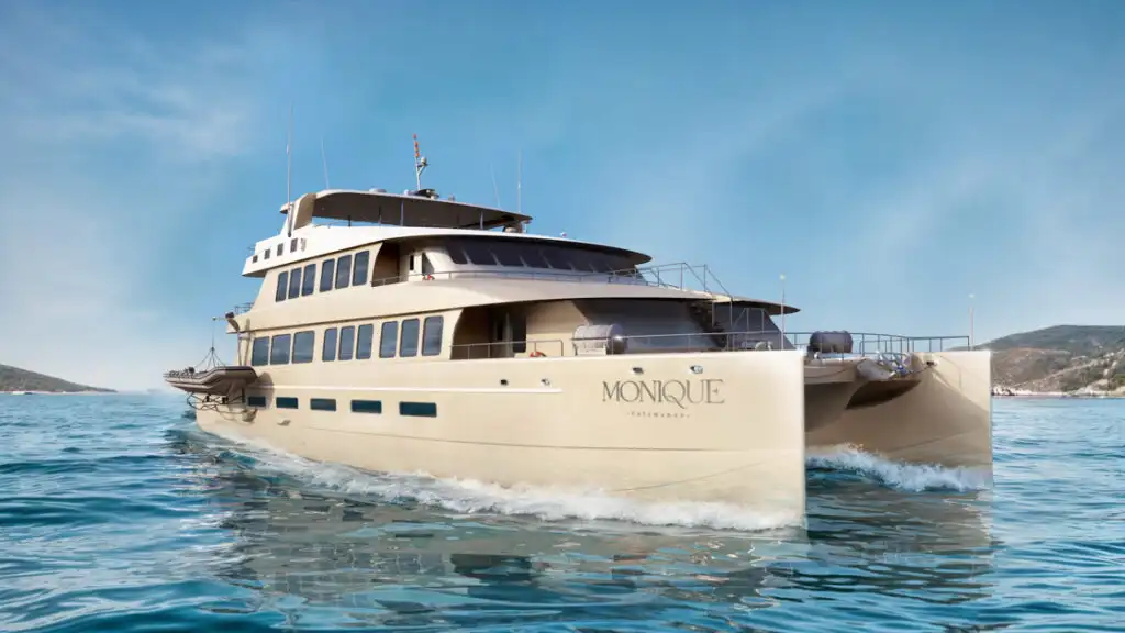 Exterior of small ship Monique cruising in the Galapagos