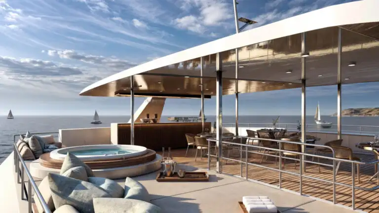 A luxurious exterior social area on the top deck of the Monique. It features a circular jacuzzi surrounded by plush cushions and pillows, a modern bar area