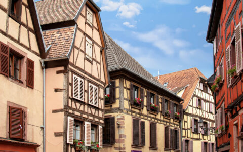 Half-timbered houses in the streets of downtown Ribeauvillé
