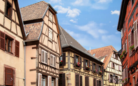 Half-timbered houses in the streets of downtown Ribeauvillé