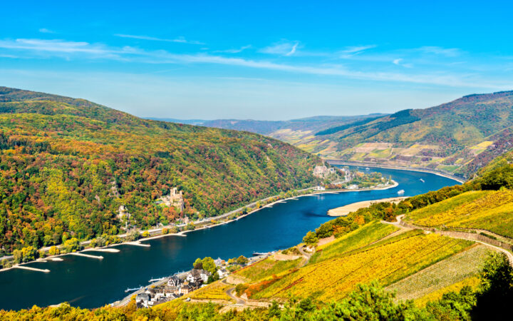 View of the Upper Middle Rhine Valley with Rheinstein and Reichenstein Castles. UNESCO world heritage in Germany