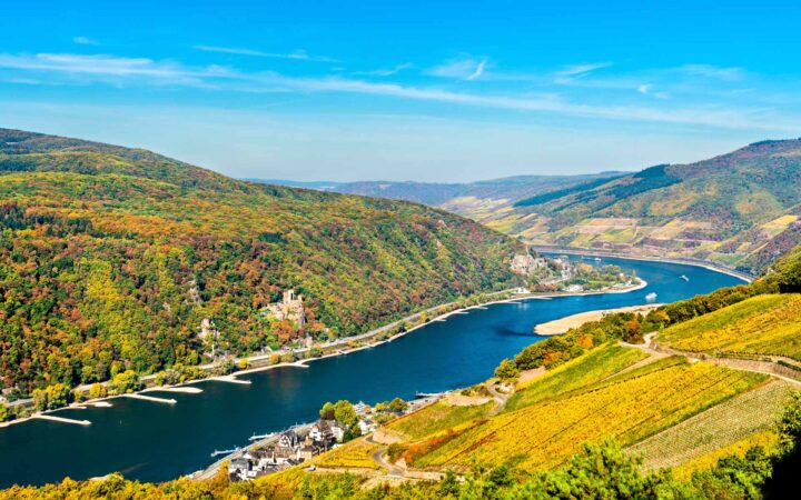 View of the Upper Middle Rhine Valley with Rheinstein and Reichenstein Castles. UNESCO world heritage in Germany