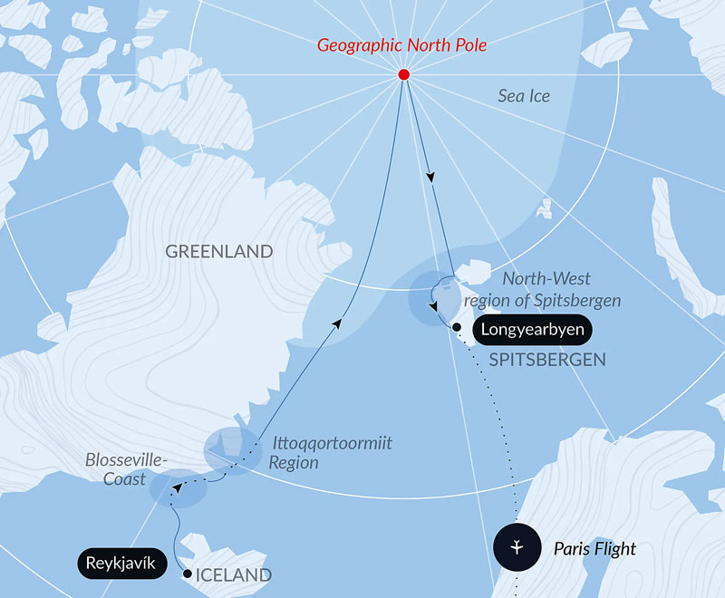 Route map of The Geographic North Pole & the East Coast of Greenland cruise on Le Commandant Charcot, starting in Reykjavik, Iceland sailing north along Greenland and to the North Pole, then south to Spitsbergen to end with a flight to Paris, France.