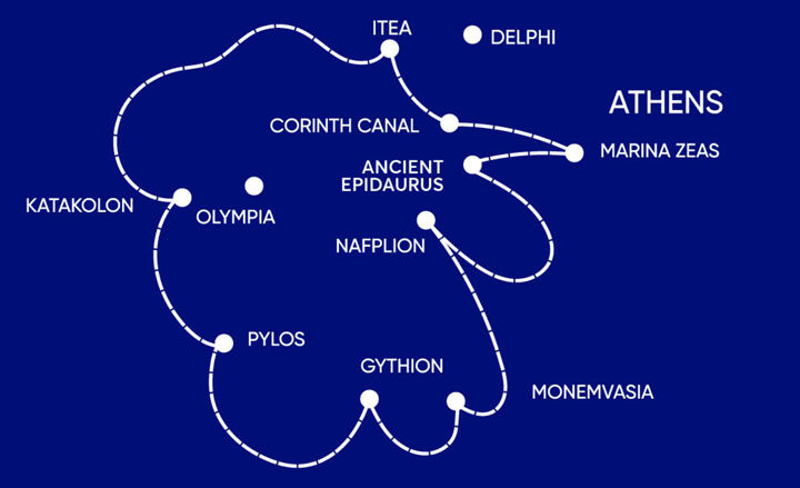 Route map of Antiquity to Byzantium cruise operating round-trip from Athens, Greece with visits to Epidaurus, Nafplion, Monemvasia, Gythion, Pylos, Olympia, Katakolon, Delphi, Itea & the Corinth Canal.