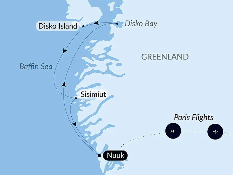Route map of Arctic Spring west Greenland cruise round-trip from Nuuk with visits to Sisimiut & Disko Bay & bookend charter flights linking Paris, France.