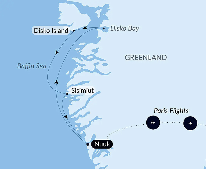 Route map of Arctic Spring west Greenland cruise round-trip from Nuuk with visits to Sisimiut & Disko Bay & bookend charter flights linking Paris, France.