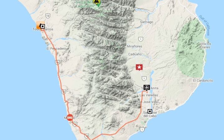 Route map of Baja Intimate Insider land tour, operating round-trip from San Jose del Cabo, with visits to Todos Santos and Sierra La Laguna Biosphere Reserve.