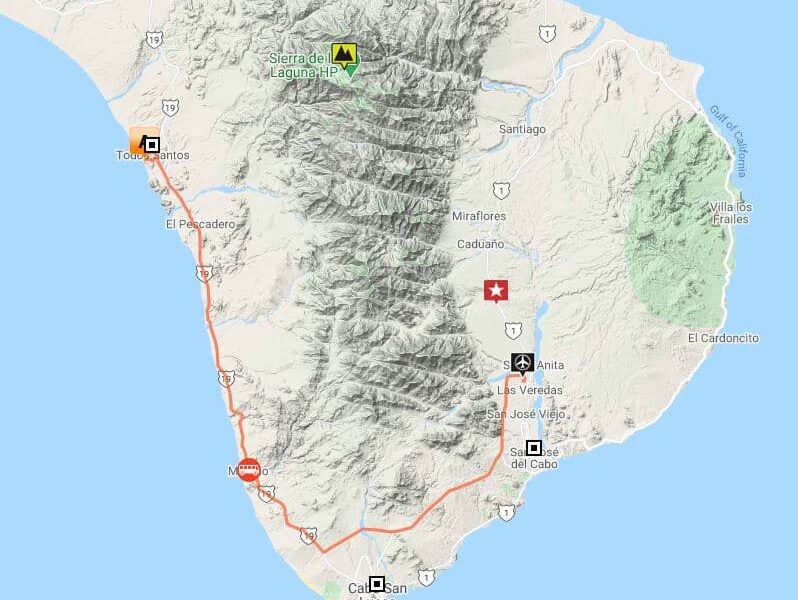 Route map of Baja Intimate Insider land tour, operating round-trip from San Jose del Cabo, with visits to Todos Santos and Sierra La Laguna Biosphere Reserve.