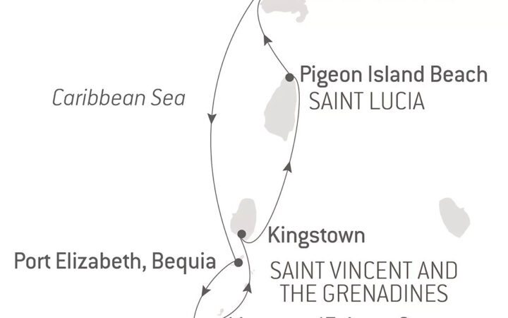 Route map of The Caribbean Under Sail Aboard Le Ponant cruise, round-trip from Fort-de-France, Martinique, with visits to Saint Lucia & Saint Vincent & The Grenadines.