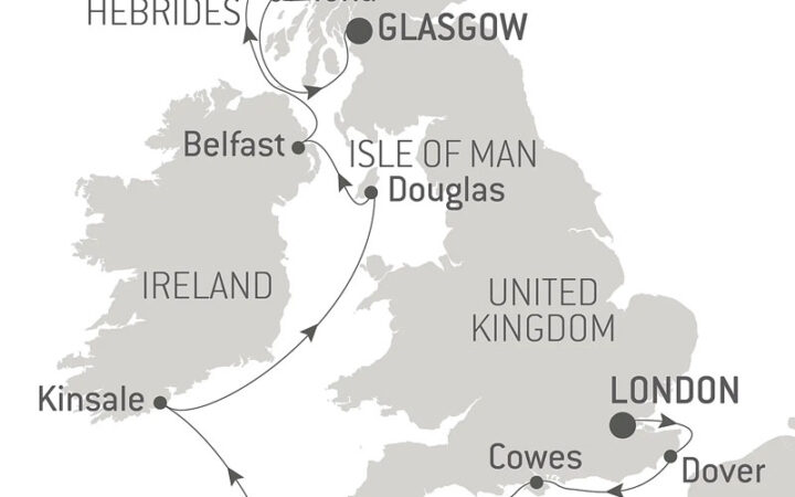 Route map of Celtic Voyage: The Hebrides & The Irish Sea - with Smithsonian Journeys cruise from London to Glasgow, with visits along England, Ireland & Scotland.
