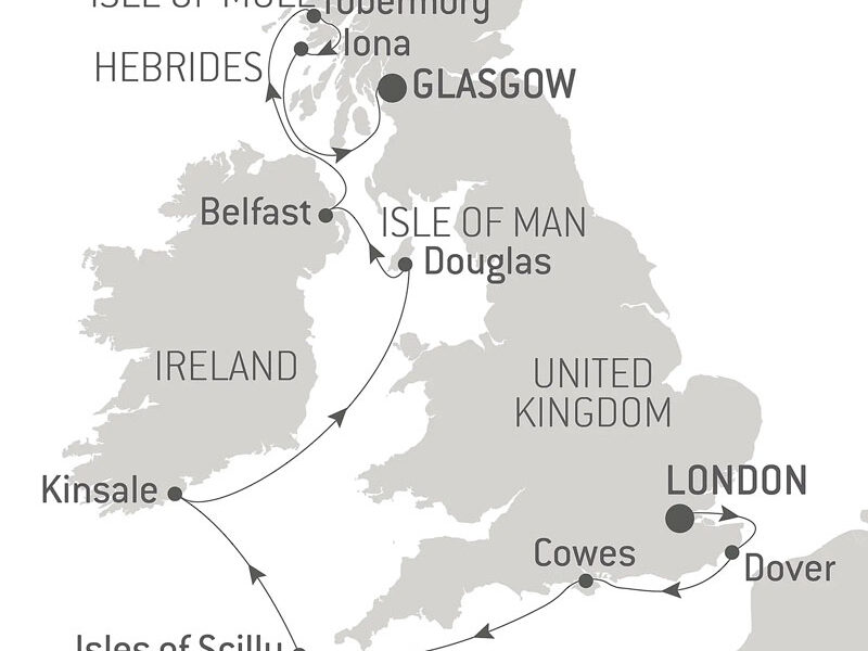 Route map of Celtic Voyage: The Hebrides & The Irish Sea - with Smithsonian Journeys cruise from London to Glasgow, with visits along England, Ireland & Scotland.