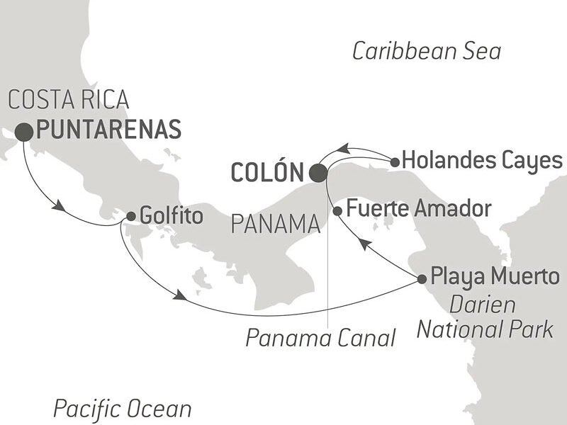 Route map of Central America Jewels luxury cruise from Costa Rica to Panama via the Panama Canal.