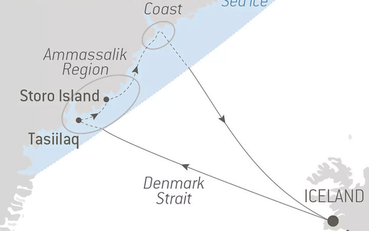 Route map of Inuit Spring in Ammassalik cruise round-trip from Reykjavik, Iceland with visits along the northeast Greenland coast.