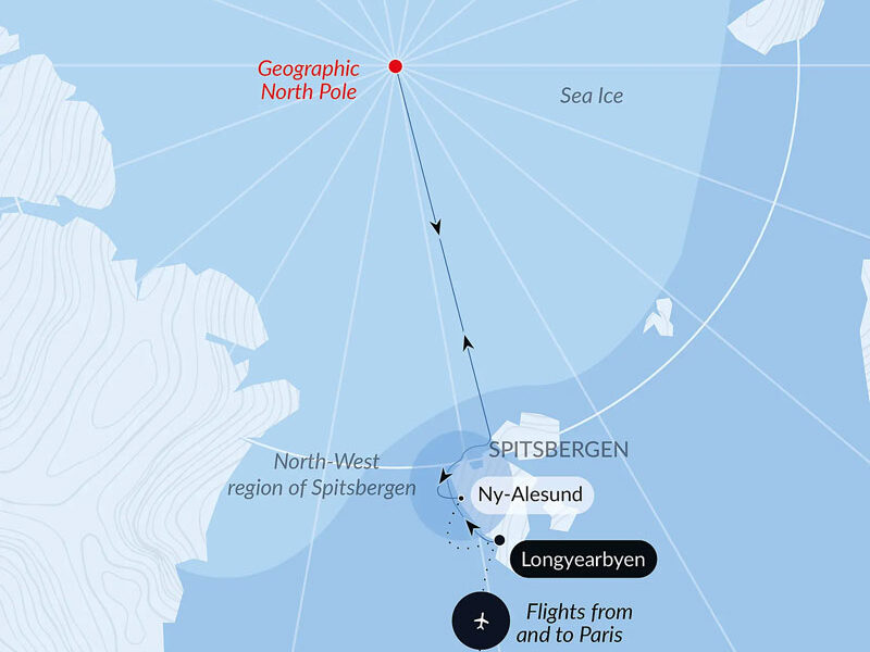 Route map of Le Commandant Charcot North Pole Expedition, with round-trip flights between Paris & Longyearbyen & time sailing beside Spitsbergen.