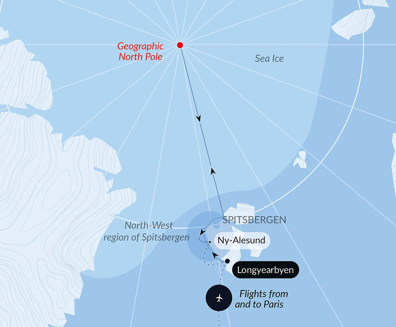Route map of Le Commandant Charcot North Pole Expedition, with round-trip flights between Paris & Longyearbyen & time sailing beside Spitsbergen.
