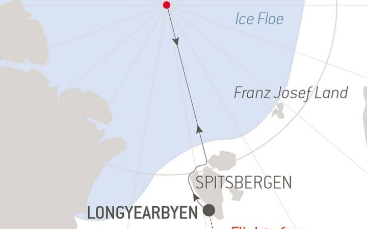 Route map of Le Commandant Charcot North Pole Expedition, with round-trip flights between Paris & Longyearbyen & time sailing beside Spitsbergen.