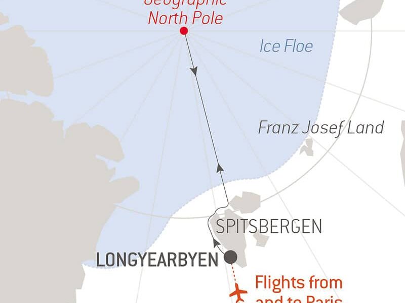 Route map of Le Commandant Charcot North Pole Expedition, with round-trip flights between Paris & Longyearbyen & time sailing beside Spitsbergen.