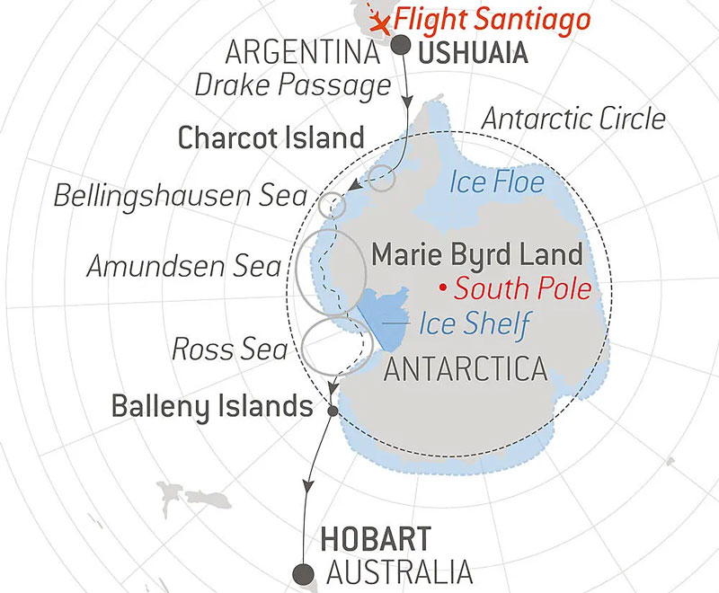 Route map of Unexplored East Antarctica Between Two Continents cruise from Ushuaia, Argentina to Hobart, Tasmania.