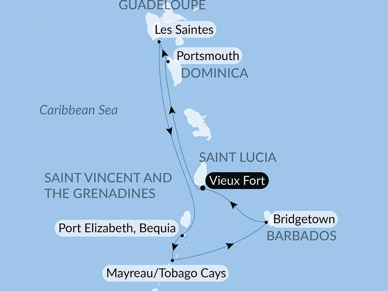 Route map of 8-Day Cruising The Caribbean's Windward Islands with Smithsonian Journeys cruise round-trip from Vieux Fort, Saint Lucia.