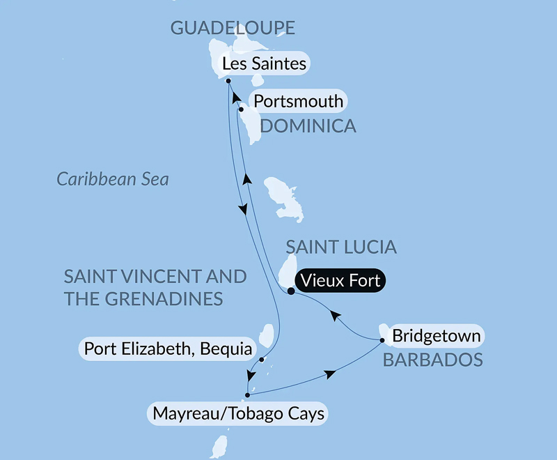 Route map of 8-Day Cruising The Caribbean's Windward Islands with Smithsonian Journeys cruise round-trip from Vieux Fort, Saint Lucia.