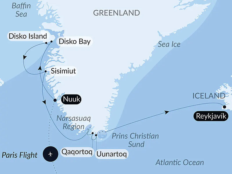 Route map of Disko Bay: Meeting the Inuit & discovering the Unknown cruise from Nuuk, Greenland to Reykjavik, Iceland, starting with a flight from Paris, France.