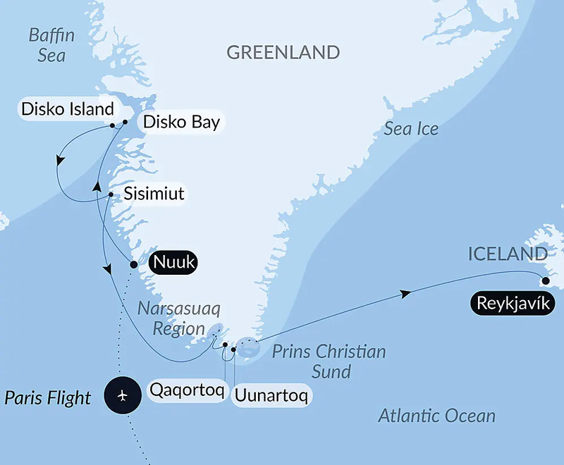 Route map of Disko Bay: Meeting the Inuit & discovering the Unknown cruise from Nuuk, Greenland to Reykjavik, Iceland, starting with a flight from Paris, France.