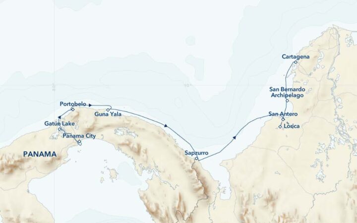 Route map of Panama & Colombia: Exploring the Caribbean Coast small ship cruise, operating between Panama City & Cartagena, with visits to Gatun Lake, Portobelo, Guna Yala, Capurgana, Sapzurro, Santa Cruz del Islote, San Antero, Tuchin, Santa Cruz de Lorica & Cispata Bay.