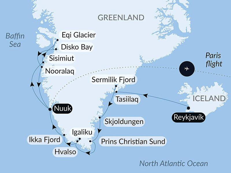 Route map of Expedition to The Ice Edge cruise from Reykjavik, Iceland to Kangerlussuaq, Greenland, ending with a flight to Paris, France.