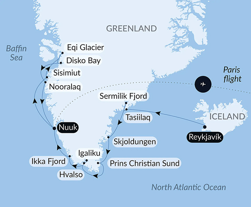 Route map of Expedition to The Ice Edge cruise from Reykjavik, Iceland to Kangerlussuaq, Greenland, ending with a flight to Paris, France.