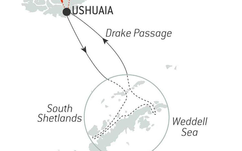 Route map of Emblematic Antarctica Cruise, operating round-trip from Ushuaia with stops along the Antarctic Sound, the Weddell Sea, the South Shetland Islands & the Antarctic Peninsula.
