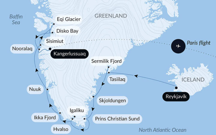 Route map of Expedition to The Ice Edge cruise from Reykjavik, Iceland to Kangerlussuaq, Greenland, ending with a flight to Paris, France.