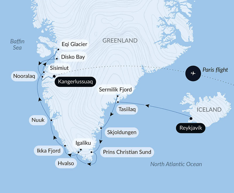 Route map of Expedition to The Ice Edge cruise from Reykjavik, Iceland to Kangerlussuaq, Greenland, ending with a flight to Paris, France.