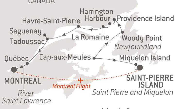 Route map of Exploration Along Saint Lawrence cruise, round-trip from Montreal, Canada with a flight to embark Miquelon Island & visits to Newfoundland, Saguenay, Quebec & more.