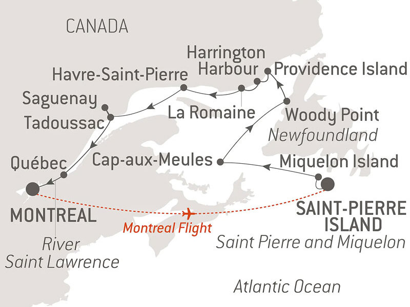 Route map of Exploration Along Saint Lawrence cruise, round-trip from Montreal, Canada with a flight to embark Miquelon Island & visits to Newfoundland, Saguenay, Quebec & more.